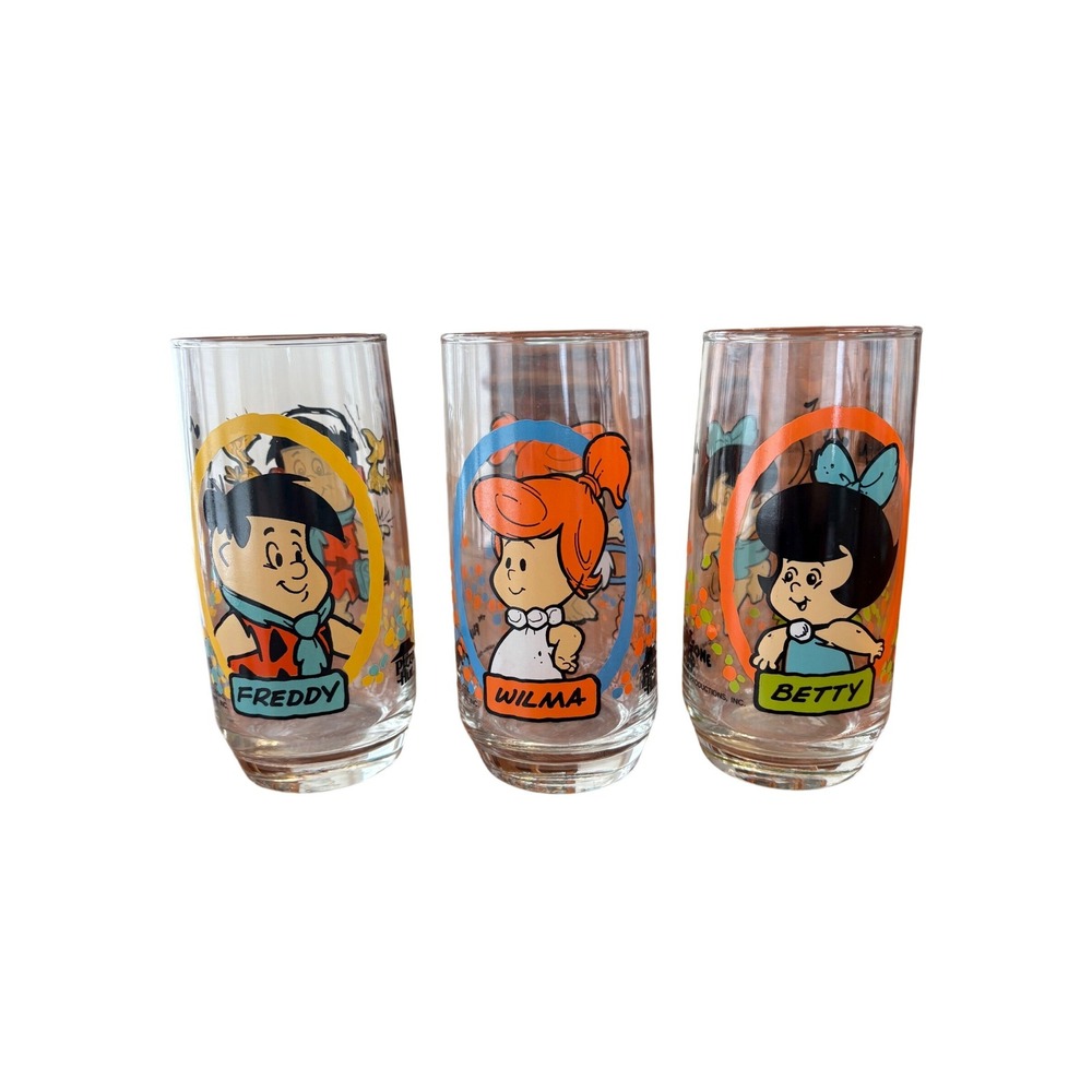 Vintage 1986 Pizza Hut Flintstone Kids Glass Set Freddy‎ Wilma Betty 3pc